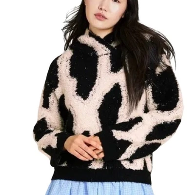 NUEVO CON ETIQUETAS Sandy Liang Mujeres Marfil Negro Difuso Estampado Leopardo Sudadera con Capucha Acogedora Felpa Talla L Foto 1 de 4