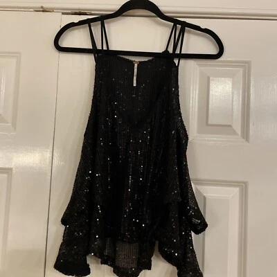 Top Free People Negro Lentejuelas Capas Correa Espagueti, M, ¡Nuevo! Foto 1 de 4