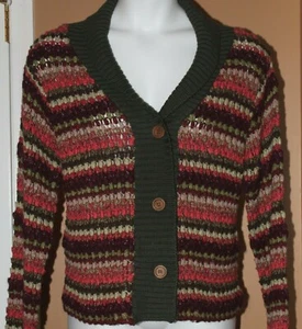Orvis Pink Green Striped Cardigan Sweater Collared NWT L - Picture 1 of 5