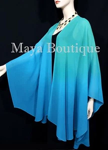 Hand Dyed Maya Matazaro Silk Chiffon Cape Ruana Caftan Wrap Aqua Blue Ombre - Picture 1 of 10
