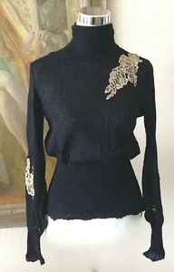 RED Valentino Turtleneck LS Black Knit Mohair Blend w/ Beige Lace Applique Trim  - Picture 1 of 5