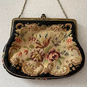 Borsa vintage antica anni '30 Petit-Point fatta a mano borsa floreale con catena - Foto 1 di 9