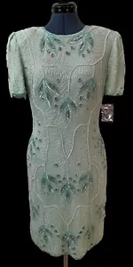 NWT VTG Leslie Fay Mint Green Silk Sequin Sheath Dress Luxury Old Money Glam 8 - Picture 1 of 9