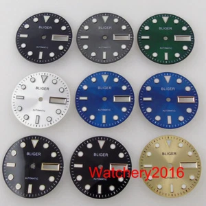Bliger 29 mm Sunburst Uhr Zifferblatt grün leuchtend doppelt Datumsfenster passend für NH36 NH36A - Bild 1 von 30