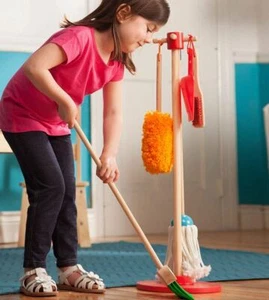 Kids Kitchen Cleaning Play Set Broom and Dust Pan Mop with Holding Rack Learning - Picture 1 of 3