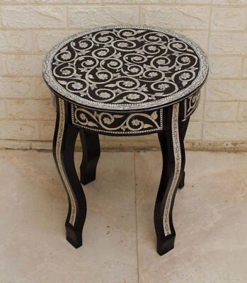 Handcrafted 16" Round side Coffee Table, Moroccan Mother of Pearl Inlay Persian - Image 1 of 4