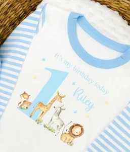 Personalised First Birthday Jungle Blue Pyjamas - Picture 1 of 8