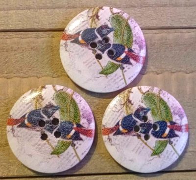 3 Bird Sewing Buttons Crafting Round Wood 4 Hole 1 1/8"  - Image 1 of 2