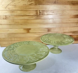 Vintage Lot Of 2 Green Ceramic Cake Stand Grapevine Embossed 11 1/8" Wide - Picture 1 of 12