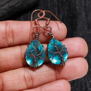 Gorgeous Blue Topaz Wire Wrapped Drop Dangle Earrings Copper For Women - Picture 1 of 4