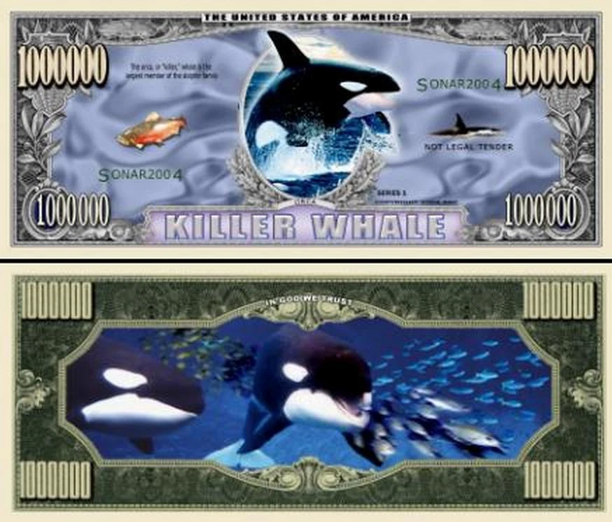 Killer Whale Million Dollar Bill Play Funny Money Novelty Note +FREE SLEEVE