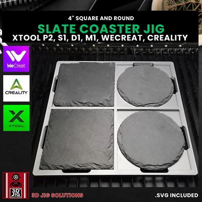 3D JIG SOLUTIONS Diode & CO2 Laser Jig | 4" Round and Square Slate Coasters Engraving Template