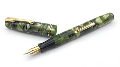 VINTAGE WATERMAN 512V FOUNTAIN PEN IN GREEN MARBLE SPRINGY 14K GOLD FINE NIB - image 1 of 4