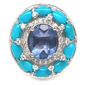 925 Silver 8 x 10 mm. Color Change Fluorite, Turquoise & Zircon Ring Size 9 - Picture 1 of 4