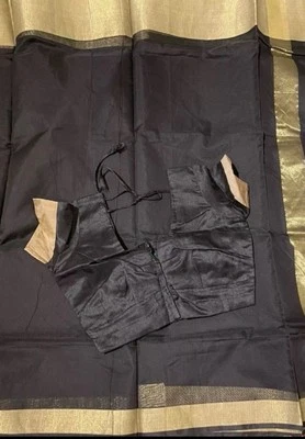 Black Silk Cotton Bengal Saree With Stitched Blouse - Image 1 of 2