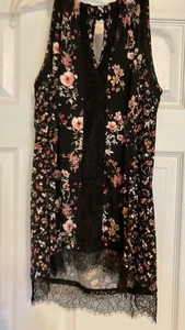 White House Black Market Sleeveless Blouse Black Pink Flowers Size S - Picture 1 of 5
