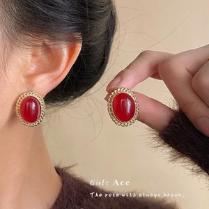 Vintage Red Oval Stud Earrings Retro Classic Small Earrings Gift for Women - Picture 1 of 5
