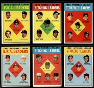 1963 Topps Lote de 6 - 1962 ERA Pitching Poncheout Leaders American & National - Imagen 1 de 2