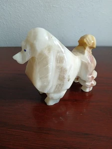Vintage Onyx Alabaster Poodle Dog Figurine Blue Beaded or Stone Eyes Collectible - Picture 1 of 5