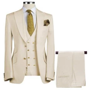 3Pcs Suits Wedding Suit Mens Formal Groom Tuxedos Blazers Prom Dinner Peak Lapel - Picture 1 of 25