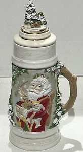Christmas Santa Beer Stein Hand Painted Holiday Decor Ceramic Container With Lid - Picture 1 of 12