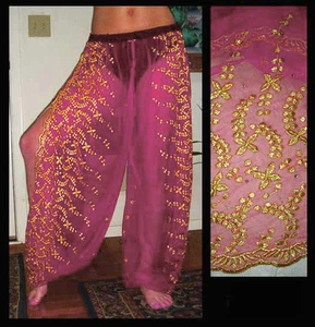Pantalones Harén Danza del Vientre Fucsia Rosa con Oro Brocado Ranura 12 - Imagen 1 de 1