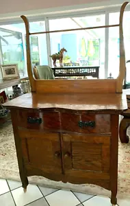ANTIQUE RARE SERPENTINE OAK WISHBONE WASH STAND DRESSER COMMODE TOWEL BAR CHEST - Picture 1 of 9