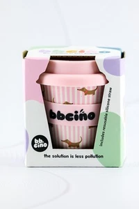 BBCINO Dash in Pink 120ml Reusable Cup Striped Sausage Dog Silicone Straw BNIB - Picture 1 of 4