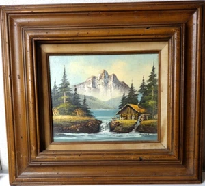 Dipinto olio vintage anni 60 firmato "Foster" rustico capanna montagna paesaggio fiume - Foto 1 di 5