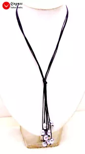 Collar Perla Gris Natural de 10 mm Arroz Cuero 4 Hebras Collar Largo 32" Joyería - Imagen 1 de 6