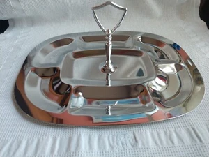 Vintage MCM Solid Stainless Steel Divided Serving Tidbit Tray with Center Handle - Picture 1 of 3