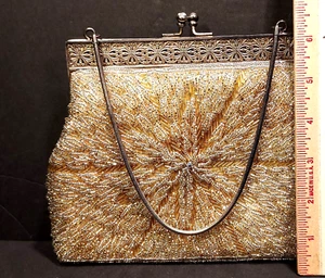 Vintage Gold Beaded Handbag Silver Chain Handle &Clasp Aurora Borealis Hong Kong - Picture 1 of 8