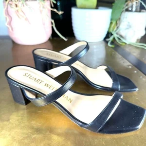 Stuart Weitzman Women Block Heel Slide Sandal 7.5 Minimalist Black Aleena - Picture 1 of 8