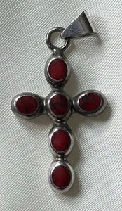 Mexico Sterling Silver Red Jasper Crucifix Cross Pendant Necklace - Picture 1 of 4