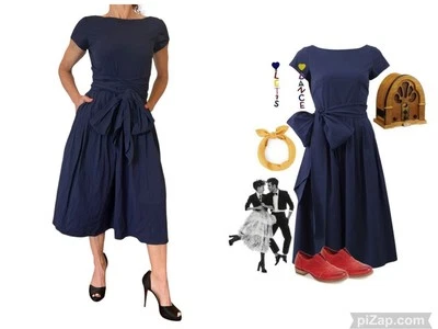MICHAEL KORS COLLECTION NAVY DRESS COTTON BOW SASH MIDI BATEAU NECK CAP SLEEVE 2 - Image 1 of 4