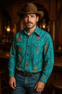 Vintage Wrangler Hemd Herren 16-35 Brushpopper Cowboy Long Tail Aztec Southwest - Bild 1 von 10