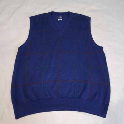 Mens Calloway Merino Wool Navy Blue Plaid Preppy Academia Golf Grandpa Vest Sz L - Image 1 of 4