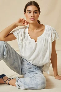 T-shirt donna Pilcro Anthropologie muscolo smocked scollo a V bianca taglia media cotone - Foto 1 di 7