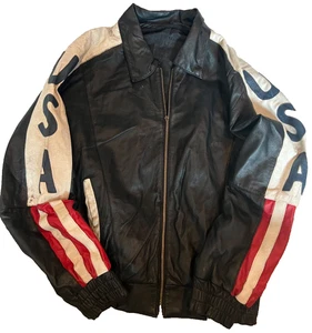 USA Flag Leather Bomber Jacket Size XXL 2XL American Ragged Glory Look Phase 2? - Picture 1 of 8