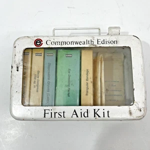 Vintage Commonwealth Edison Erste Hilfe Set Metallkiste Etui Inhalt Glasfront - Bild 1 von 6