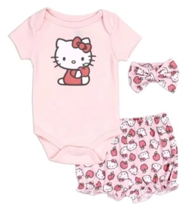 Hello Kitty Baby Girl Pink 3 Piece Shorts Bundle Headband Bodysuit Size 3/6 mo. - Picture 1 of 3