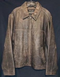 Giacca pelle marrone vintage Eddie Bauer invecchiata uomo taglia grande L full zip - Foto 1 di 6