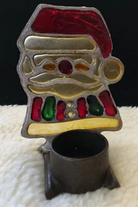 Vintage GUSSEISEN WEIHNACHTSMANN BUNTGLAS TEELICHT Weihnachten KERZENHALTER  - Bild 1 von 7