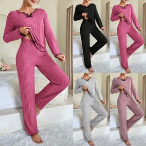 2PCS Women Solid Long Sleeve Pajamas Set Ladies Tops Pants Lounge Wear Sleepwear - Picture 1 of 28