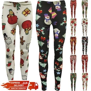 Kids Girls Leggings Christmas Santa Snowman Penguin All Over Print Xmas Jeggings - Picture 1 of 10