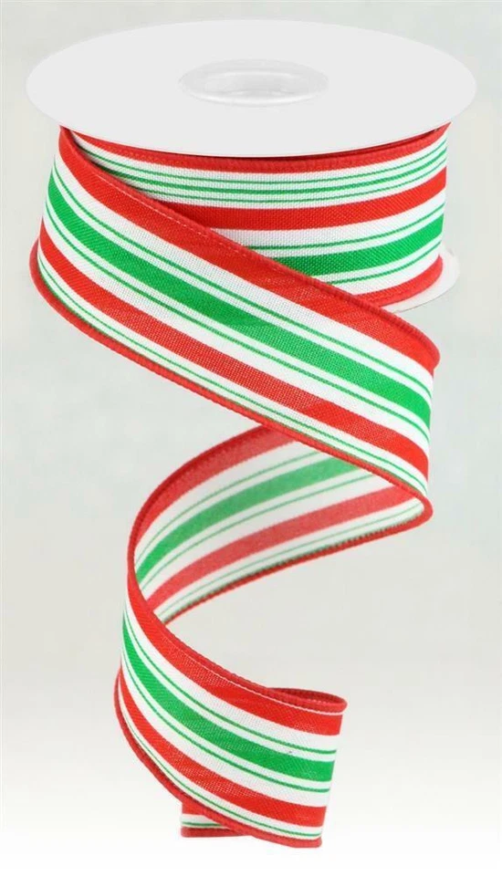 Vertical Stripe Ribbon, Christmas, White/Red/Emerald Green, Royal Burlap, 1.5” w - Image 1 of 1