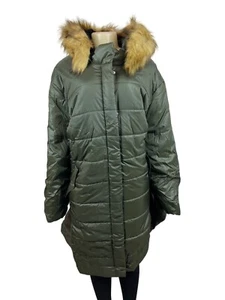 Roaman's Womens Green Long Puffer Coat With Faux Fur Hood Size 5X (38/40) - Picture 1 of 10