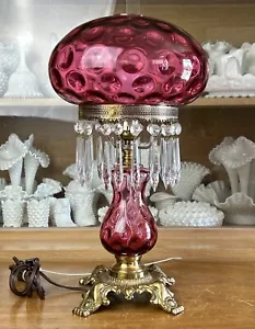 Fenton Cranberry Coin Dot 17” Lamp With Hanging Crystals - Picture 1 of 8