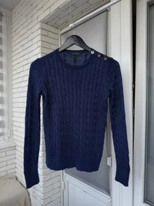 Lauren Ralph Lauren Cable Knit Jumper Blue Crew Neck Sweater Preppy Woman Sz XS - Picture 1 of 8
