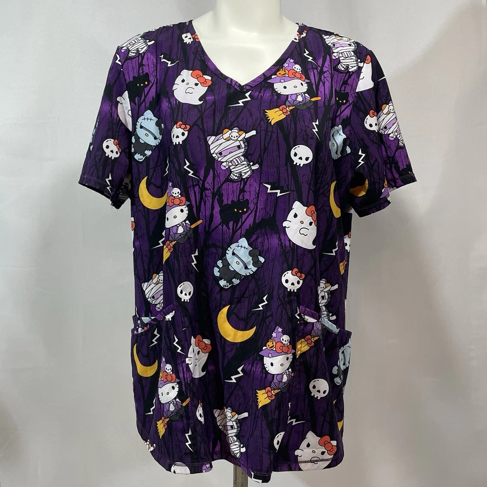 Halloween Hello Kitty Scrub Top Large Purple Night Fun Witch Cat Ghost Mummy - Image 1 of 4